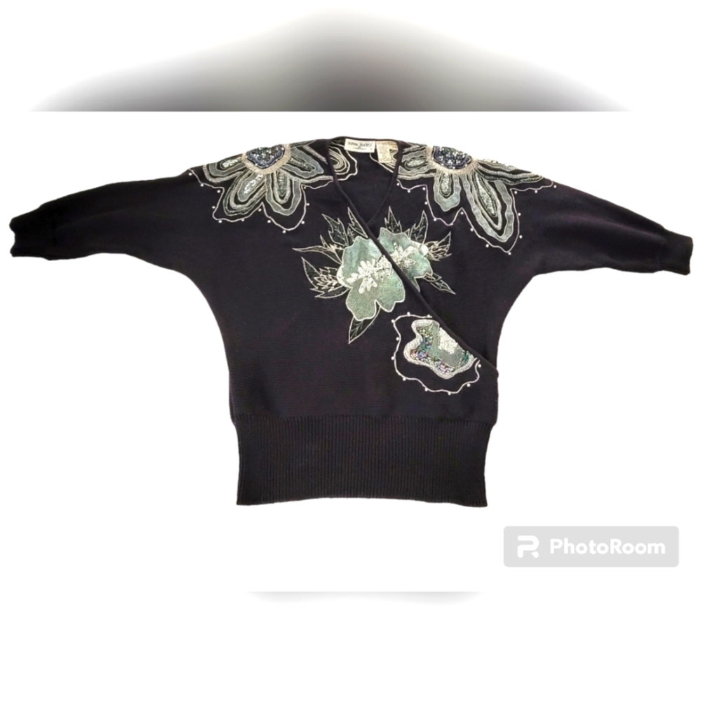 Womens Vtg 1987 BONNIE BOERER FLORAL SEQUIN BEADED BLACK SWEATER Dolman Sleeve